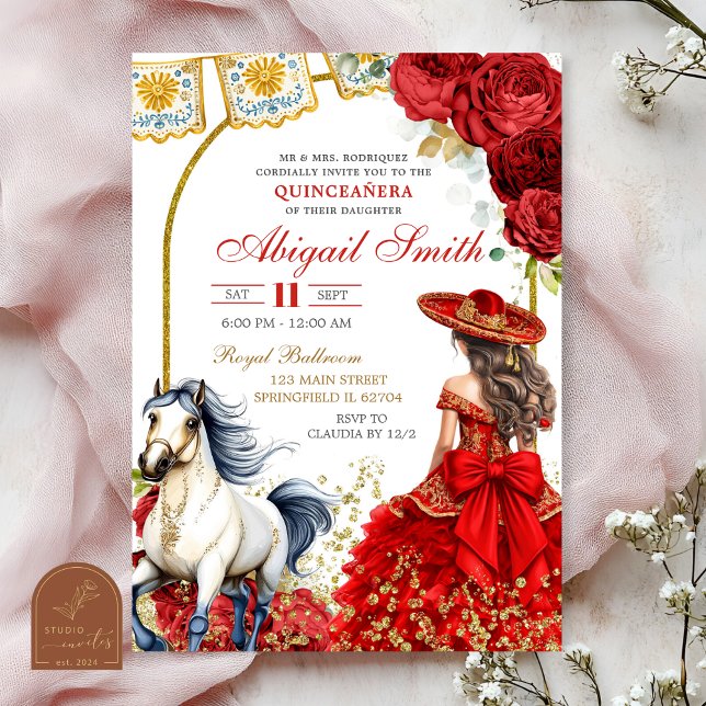 Invitation de Quinceanera Rose Charra Rouge (Créateur téléchargé)
