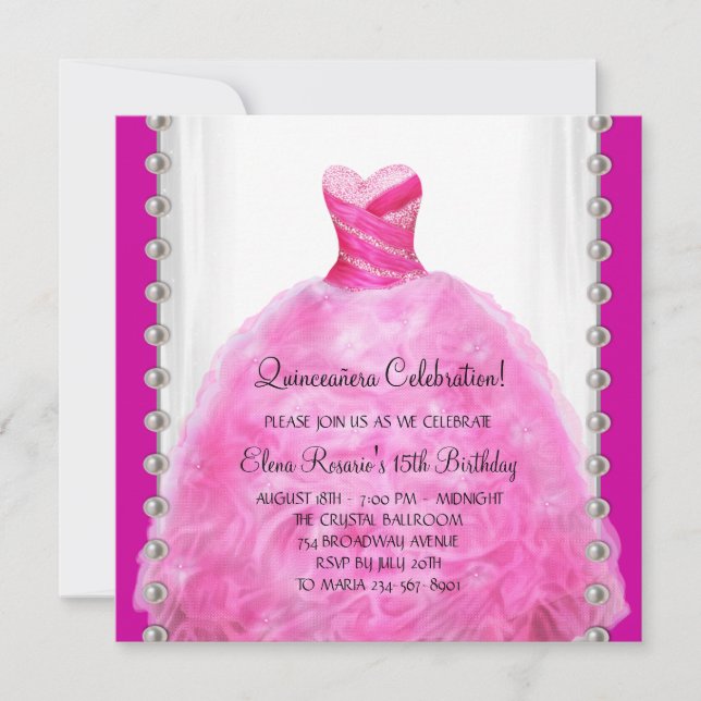 Invitation de Quinceanera rose chaud (Devant)