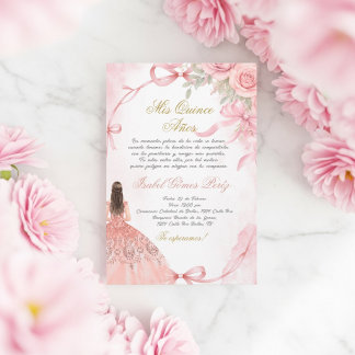 Invitation de quinceañera rose coquette en espagno