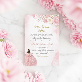 Invitation de Quinceanera rose coquette en espagno