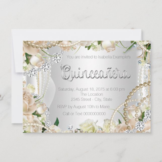 Invitation de Quinceañera Rose Diamant et Perle (Devant)
