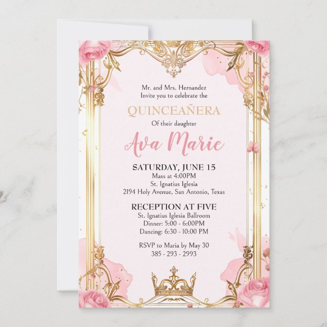 Invitation de Quinceañera rose et or (Devant)