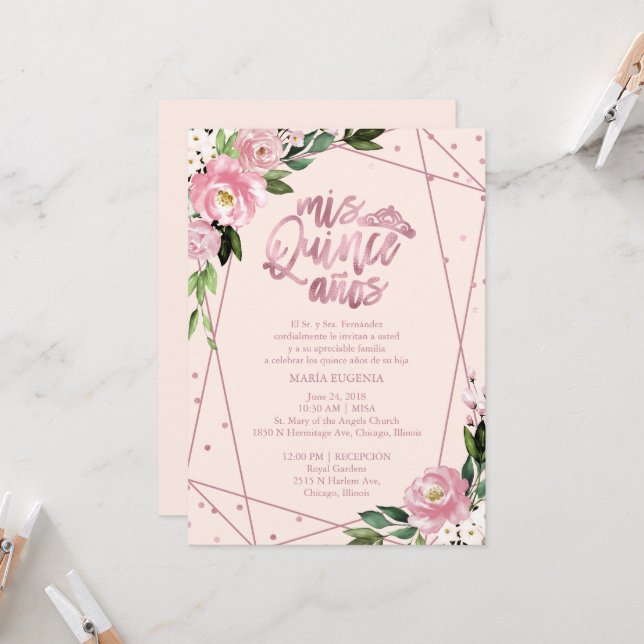 Invitation de Quinceañera Rose Gold Blush Espagnol (Devant/Arrière en situation)