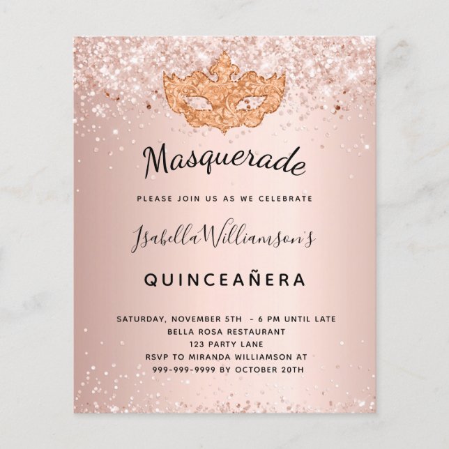 Invitation de Quinceanera rose gold Masquerade (Devant)