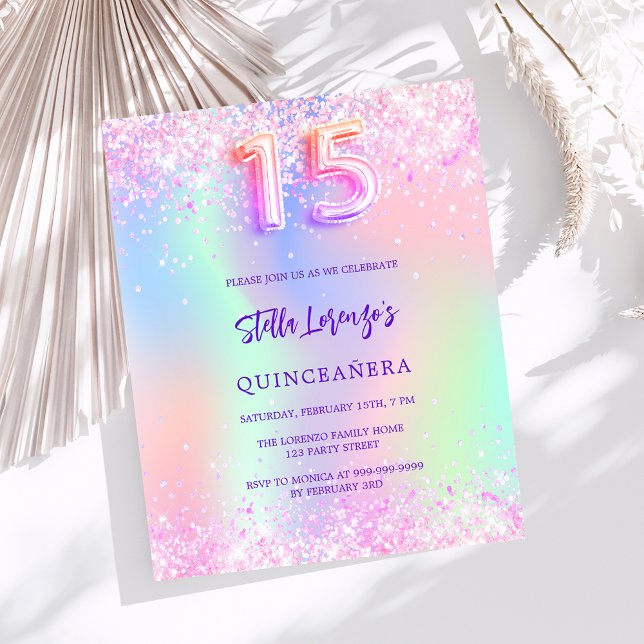 Invitation de Quinceanera rose holographique à pet (Créateur téléchargé)