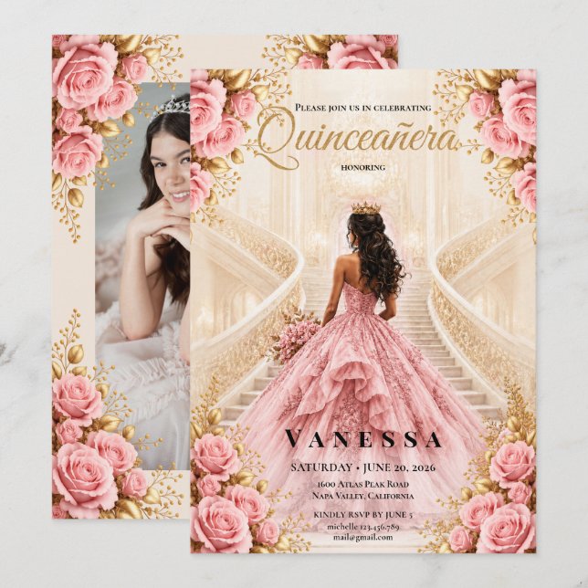 Invitation de Quinceanera Rose Pâle et Or (Devant / Derrière)