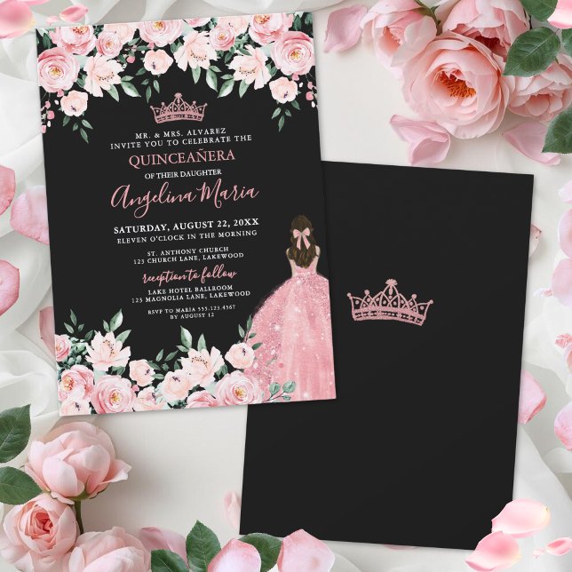 Invitation de Quinceanera Rose Pâle Noir (Blush Pink Quinceanera Invitation)