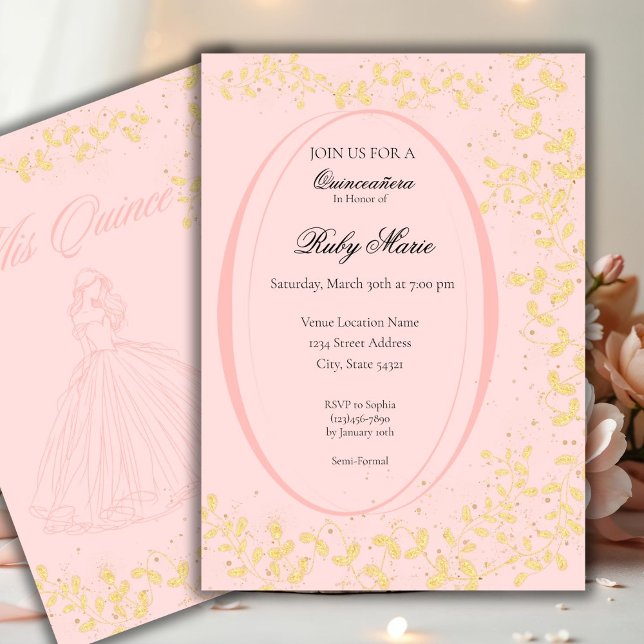 Invitation de Quinceañera Rose Poudré et Or Chic (Créateur téléchargé)