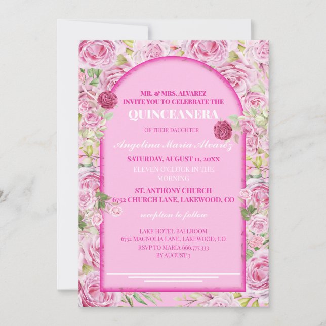 Invitation de Quinceanera Rose Rose loral (Devant)