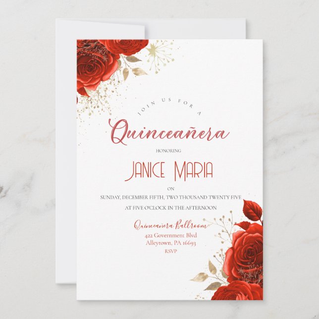 Invitation de Quinceañera Rose Rouge et Or (Devant)