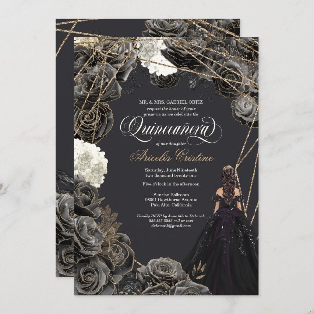 Invitation de Quinceañera - Roses noirs et or, Gow (Devant / Derrière)