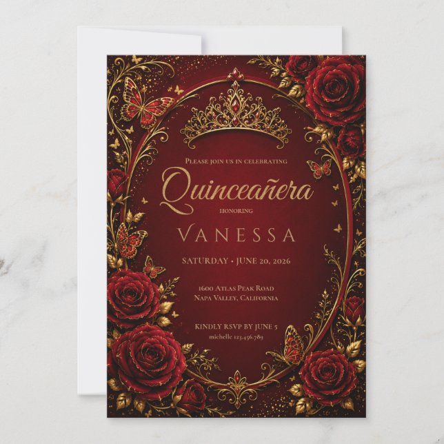 Invitation de Quinceañera rouge et or (Devant)