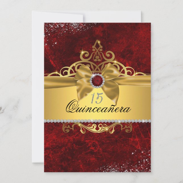 Invitation de Quinceañera Rouge Rubis Or (Devant)