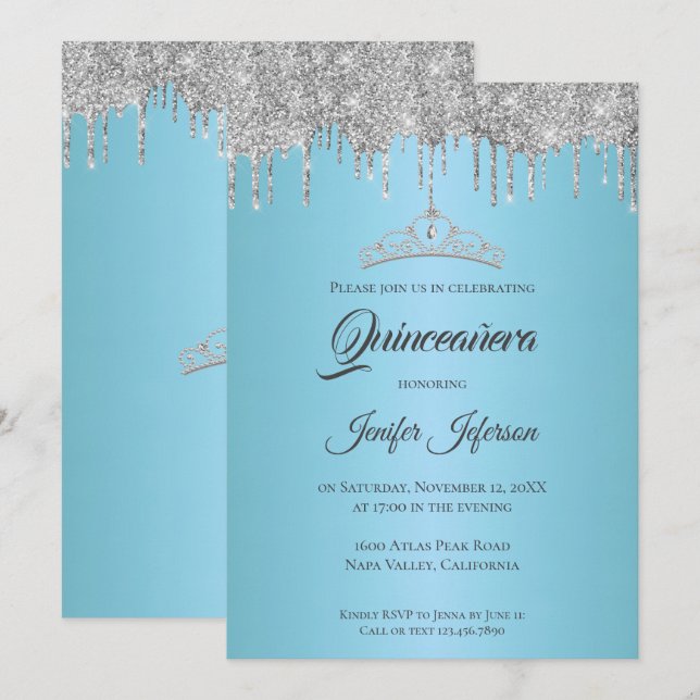 Invitation de Quinceanera scintillante argentée (Devant / Derrière)