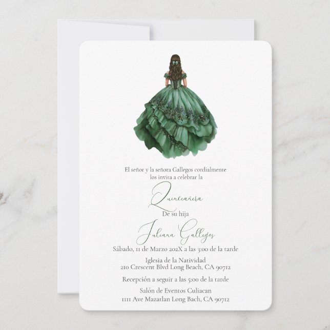 Invitation de Quinceañera silhouette verte (Devant)