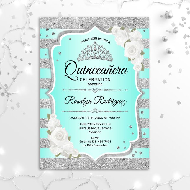 Invitation de Quinceanera Turquoise Argenté (Créateur téléchargé)