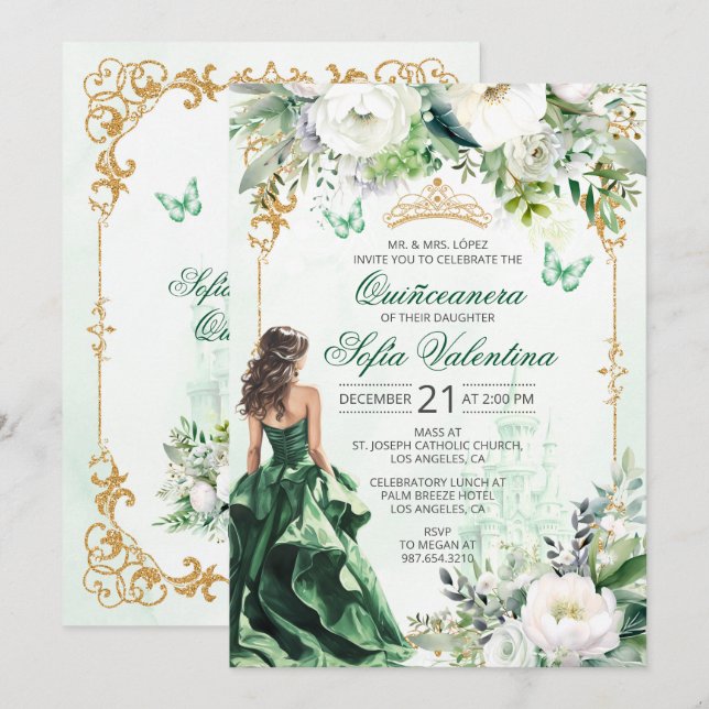 Invitation de Quinceañera vert émeraude (Devant / Derrière)