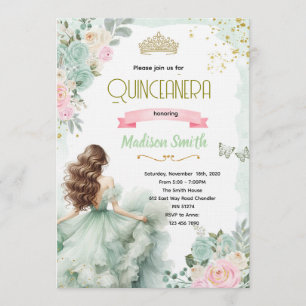 Invitation de Quinceañera vert sauge et rose blush