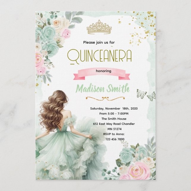 Invitation de Quinceañera vert sauge et rose blush (Devant)