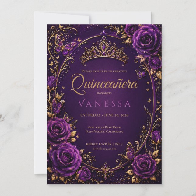Invitation de Quinceanera violet et or (Devant)