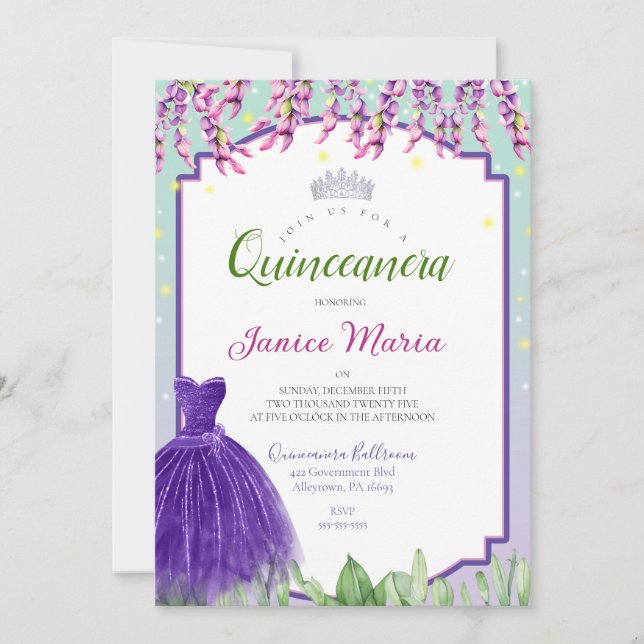 Invitation de Quinceañera violet, vert et rose (Devant)