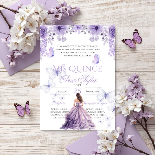 Invitation de quinceañera violette avec papillons (Créateur téléchargé)
