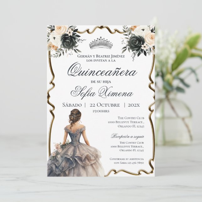 Invitation de Quincenera avec floral noir (Debout devant)