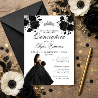 Invitation de Quincenera avec floral noir