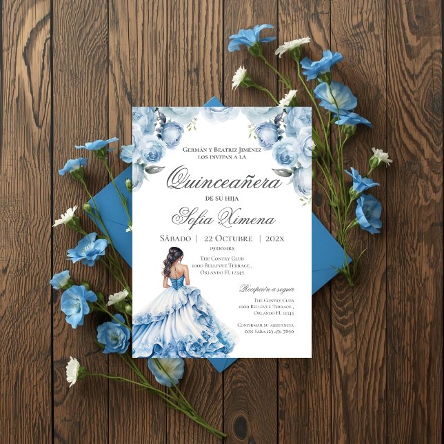 Invitation de Quincenera en bleu espagnol (Créateur téléchargé)