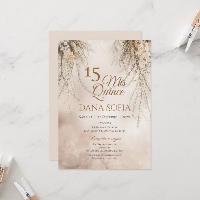 Invitation de Quincenera en espagnol Boho (Devant/Arrière en situation)