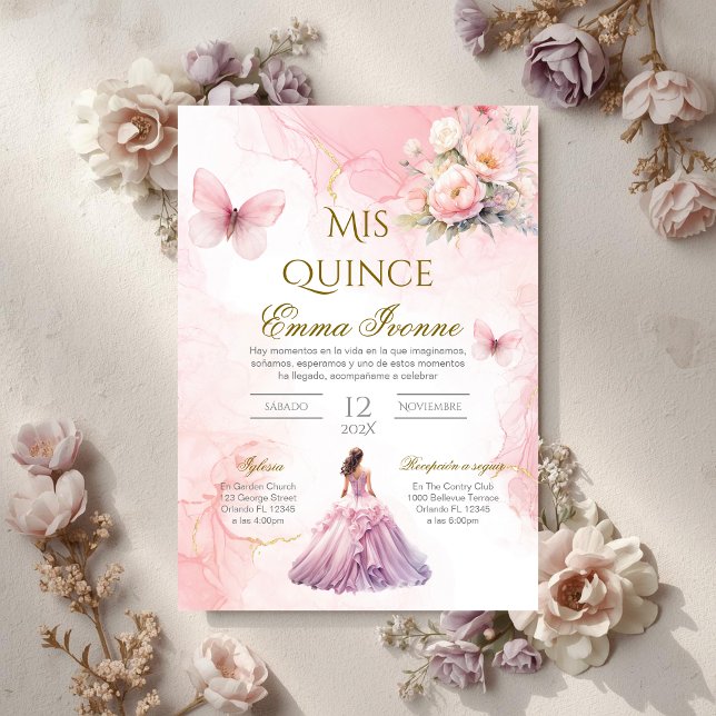 Invitation de Quinceñera en espagnol floral rose (Créateur téléchargé)