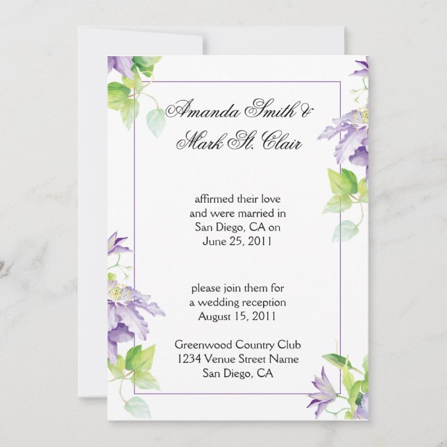 Invitation de réception de mariage après Purple Cl (Devant)