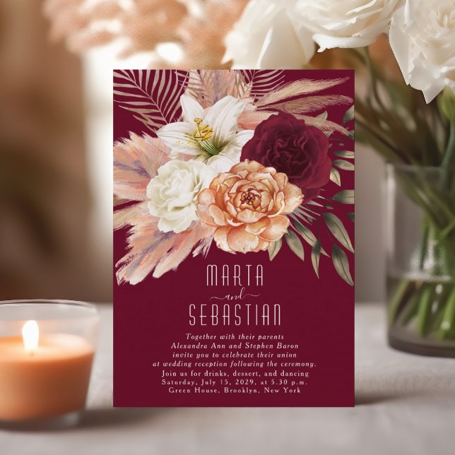 Invitation de réception de mariage floral bordeaux (Créateur téléchargé)