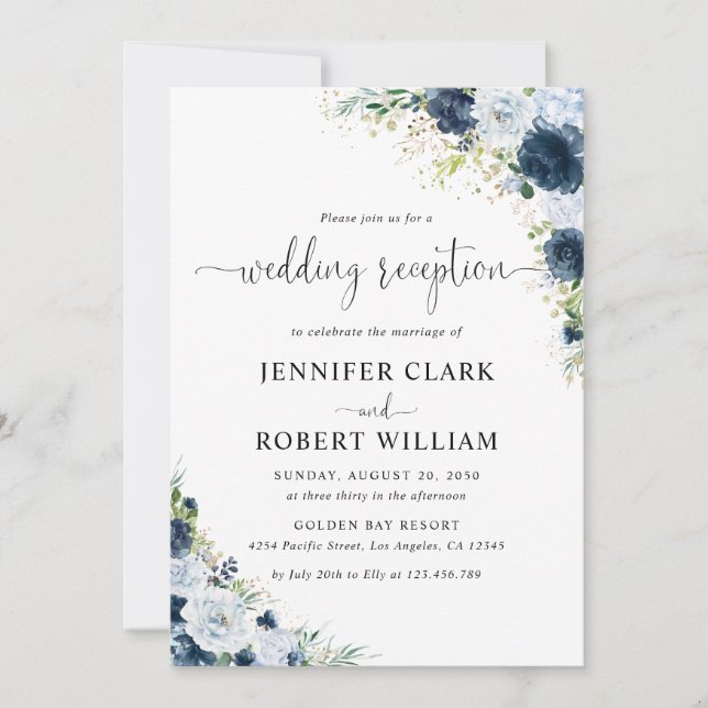 Invitation de réception de mariage florale bleu ma (Devant)