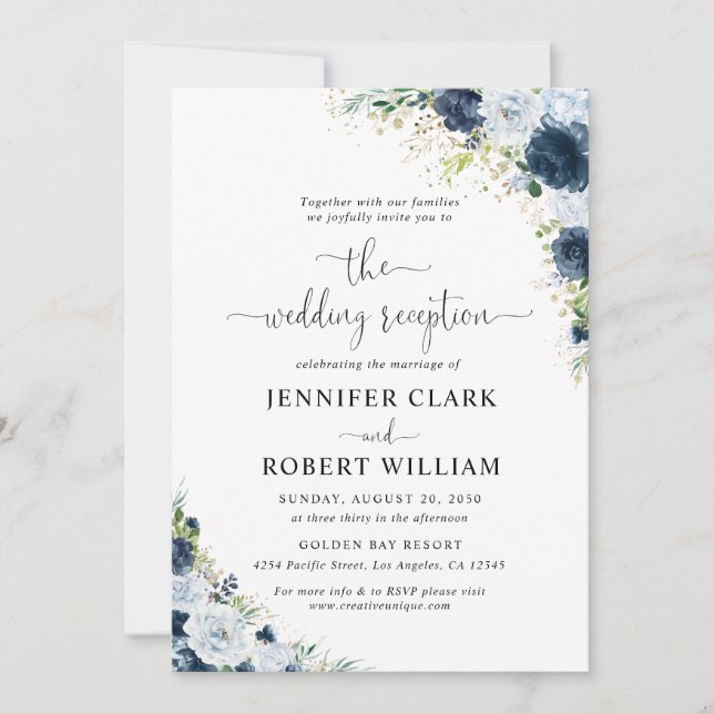 Invitation de réception de mariage florale bleu ma (Devant)