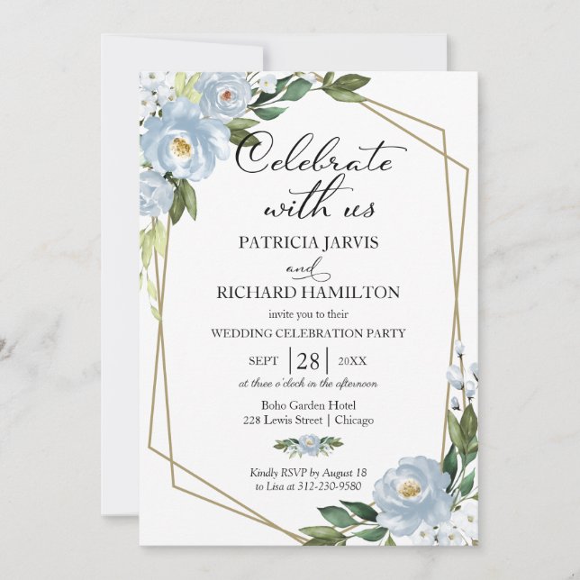 Invitation de réception de mariage florale bleu po (Devant)