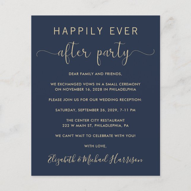 Invitation de réception de mariage Navy Gold Code  (Devant)
