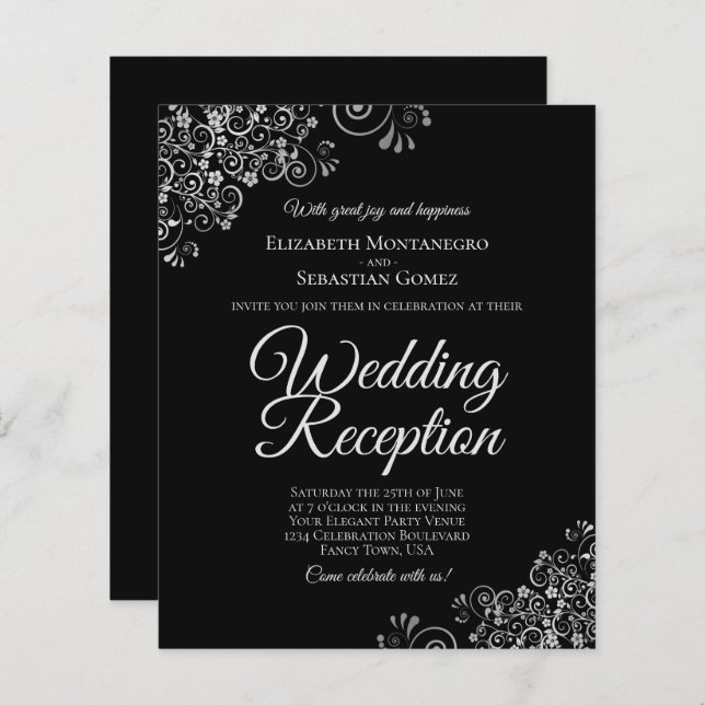 Invitation de réception de mariage noir et argent (Devant / Derrière)