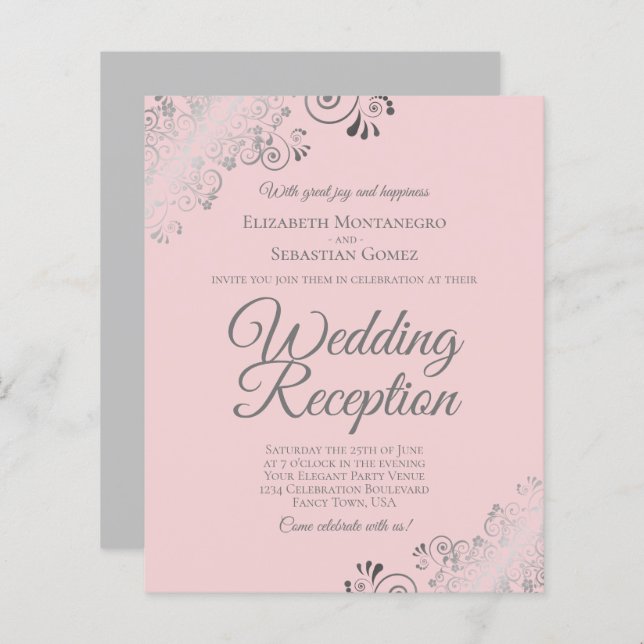 Invitation de réception de mariage rose et gris (Devant / Derrière)