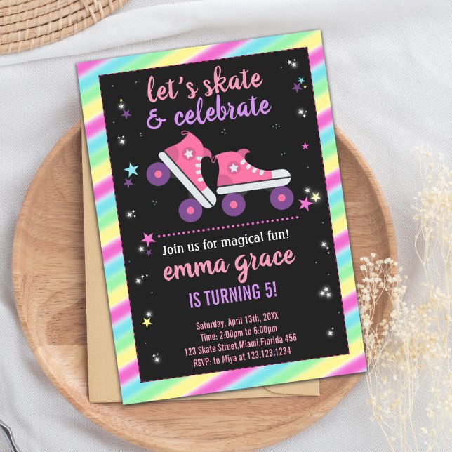 Invitation de réception personnalisable pour les f (Pink Skating Birthday Invitations)