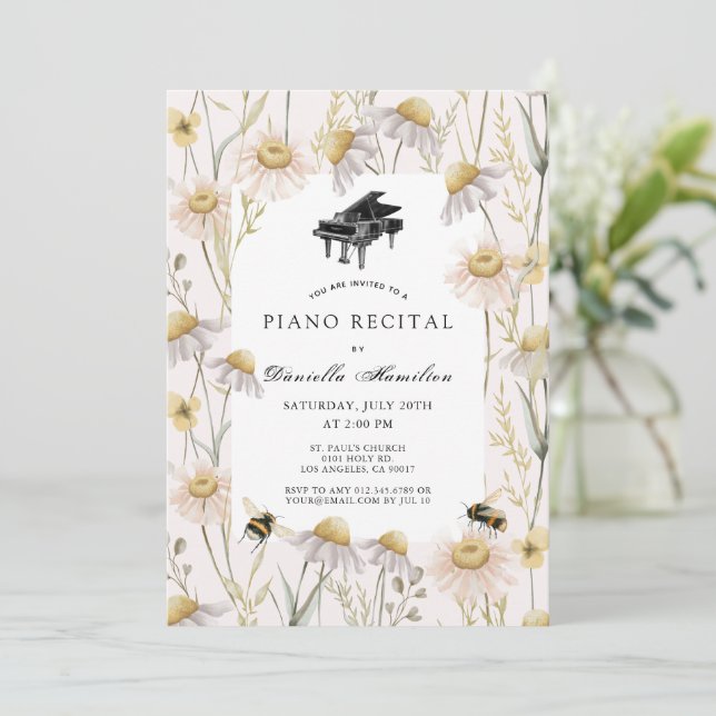 Invitation de récital de piano aux camomilles rose (Debout devant)
