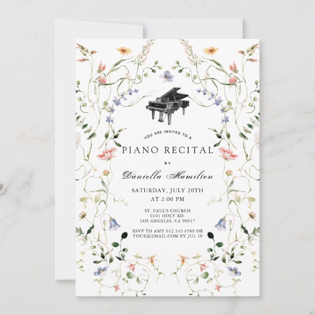 Invitation de récital de piano Fleur sauvage Blanc (Devant)