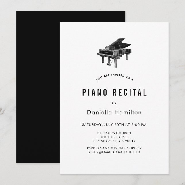 Invitation de récital de piano minimal blanc (Devant / Derrière)