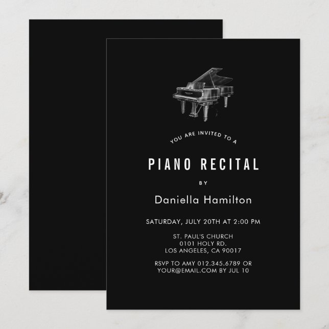 Invitation de récital de piano minimal noir (Devant / Derrière)