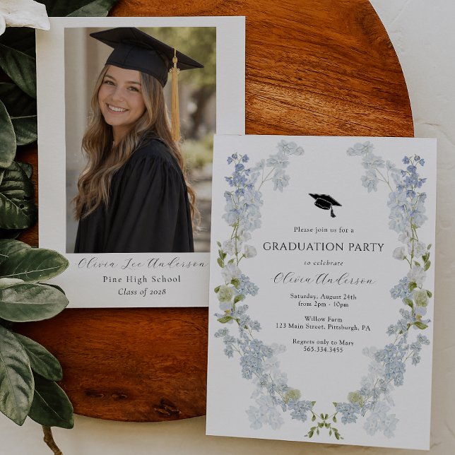Invitation de remise de diplôme à motif floral ble (Créateur téléchargé)