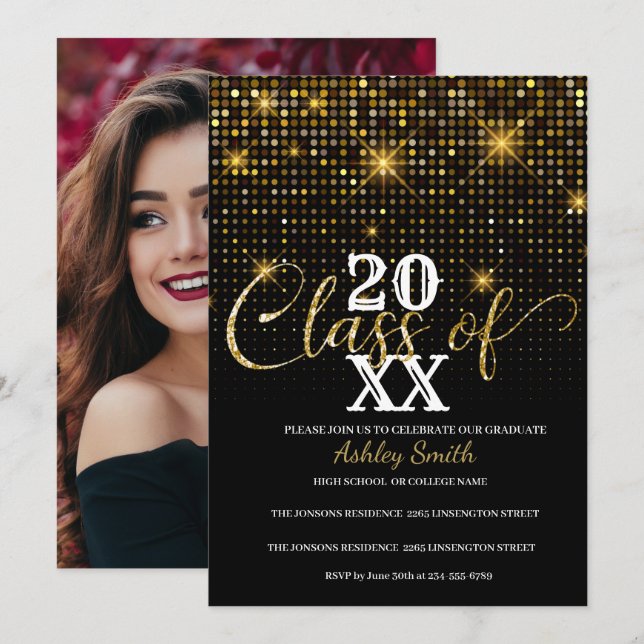 invitation de remise de diplômes à paillettes doré (Devant / Derrière)