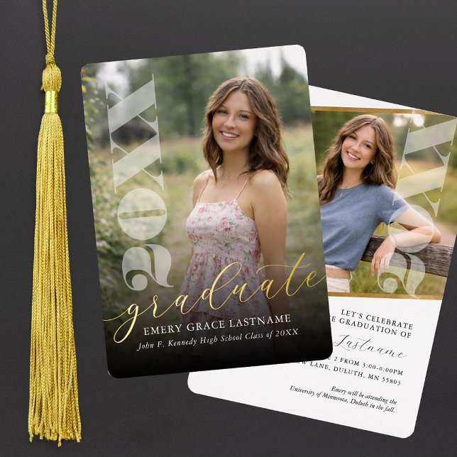 Invitation de remise de diplômes avec feuille d'al (Senior photo invitation. Modern Photo Graduation Foil Invitation)