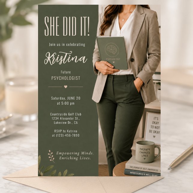 Invitation de remise de diplômes pour futur psycho (Future psychologist graduation invitation with elegant editorial olive green styling.)