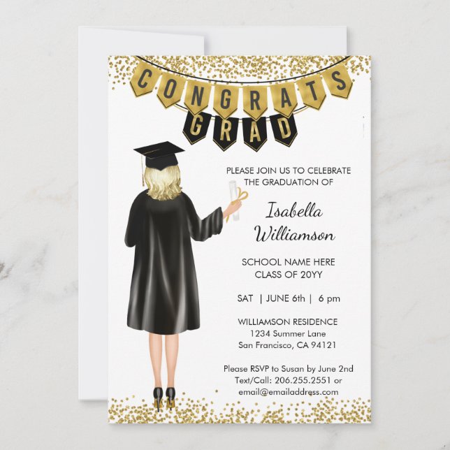 Invitation de remise de diplômes unique Cheveux Bl (Devant)