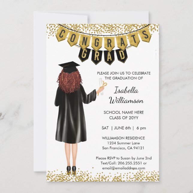 Invitation de remise de diplômes unique Cheveux Ro (Devant)
